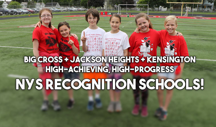 six kids standing on athletic field smiling with text Big Cross Jackson Heights Kensington high-achieving, high-progress NYS Recognition Schools!