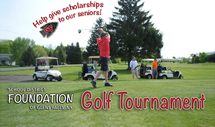 composite photo of people golfing and text "help give scholarships to our seniors - School District Foundation of Glens Falls NY Golf Tournament