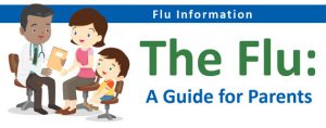 cartoon graphic of family meeting with doctor and text "The Flu: A Guide for Parents"