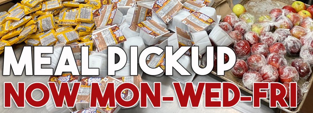 photo of graham crackers, cocoa puffs and apples with text: Meal PICKUP NOW MON-WED-FRI