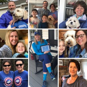 composite photo of GFSD administrators and their dogs wearing blue and smiling