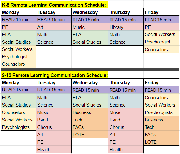 K-8 remote learning communication schedule grid