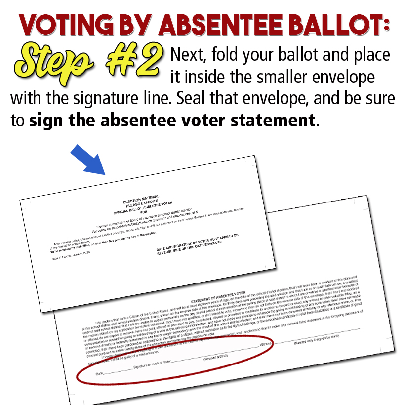 Graphic of absentee ballot envelope and text: Vote by Absentee ballot - 2020-21 School Budget, leasing of 3 school buses, 2 board of education seats