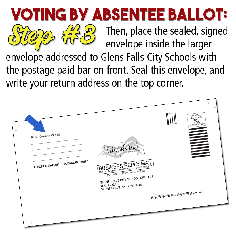 Graphic of absentee ballot envelope and text: Vote by Absentee ballot - 2020-21 School Budget, leasing of 3 school buses, 2 board of education seats
