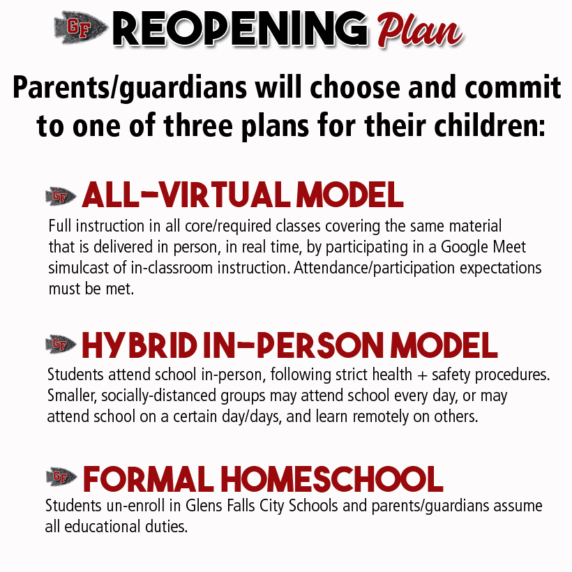 graphic describing the reopening plan instructional models of all-virtual, hybrid in-person, and formal homeschool