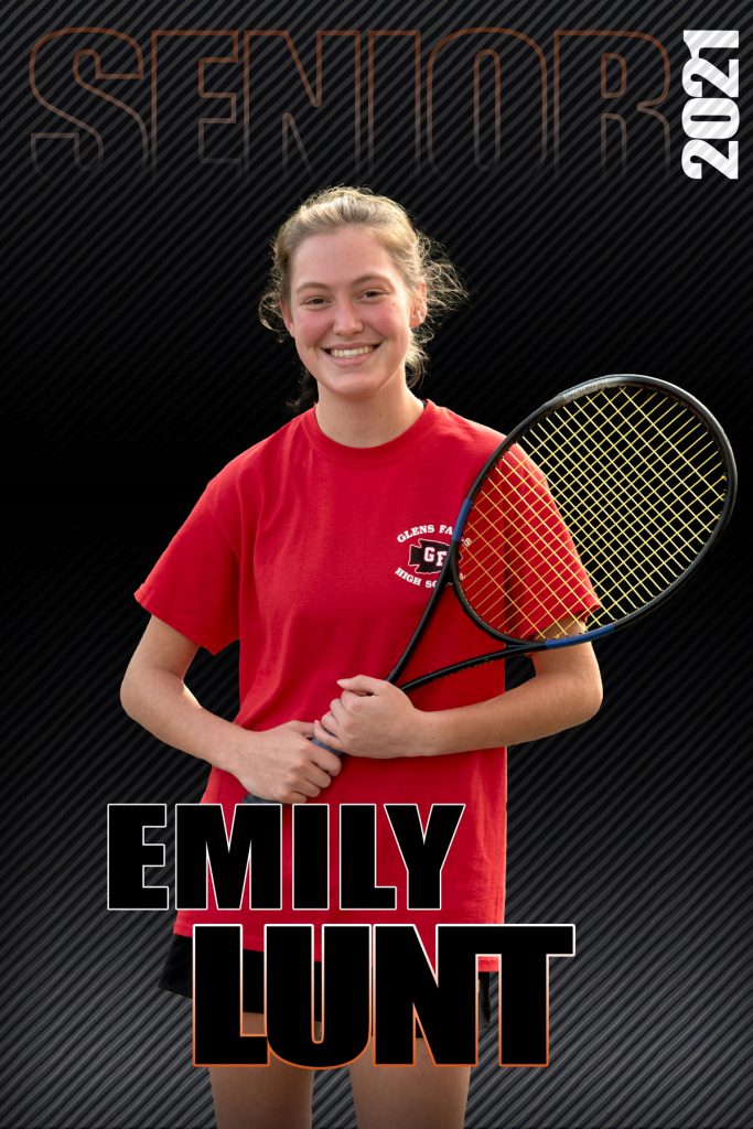 composite graphic of student smiling holding tennis racket with text Emily Lunt Senior 2021