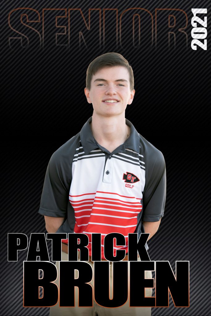 composite graphic of student smiling in golf shirt and text Patrick Bruen Senior 2021