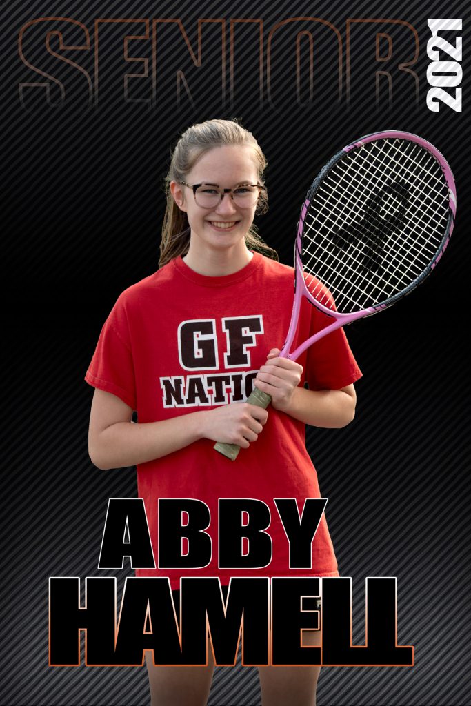 composite graphic of student smiling holding tennis racket with text Abby Hamell Senior 2021