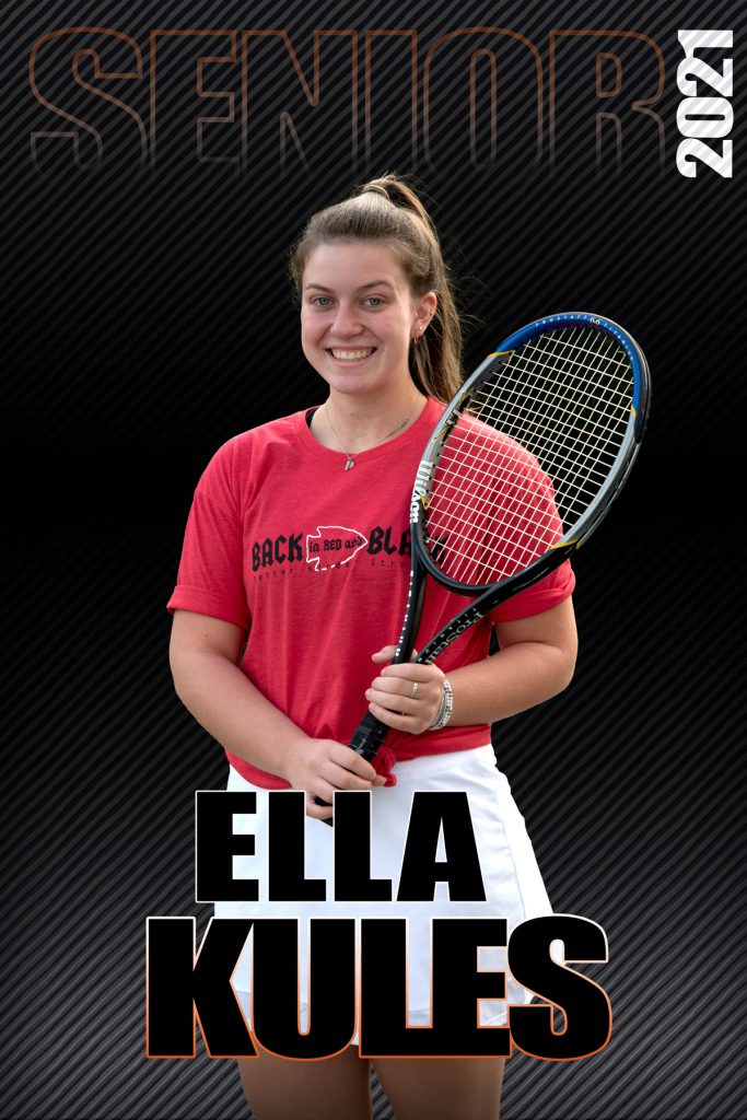 composite graphic of student smiling holding tennis racket with text Ella Kules Senior 2021