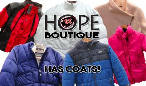 composite graphic of colorful winter coats with text: HOPE Boutique has coats!