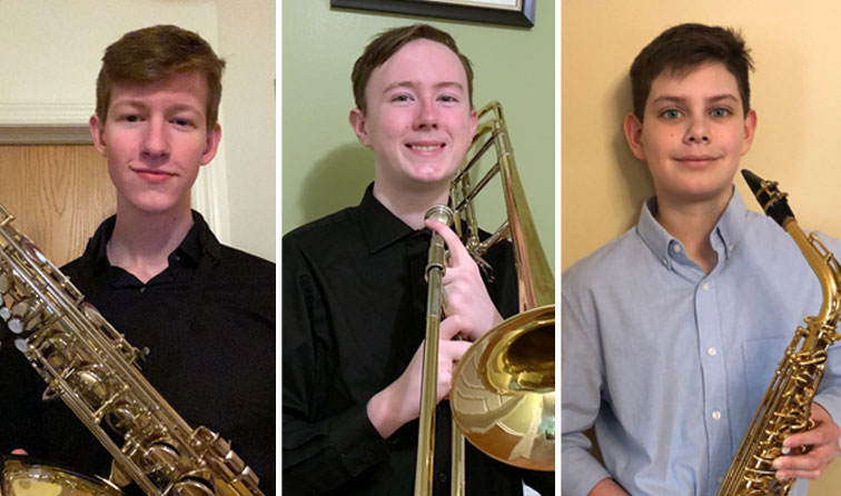 composite image of three students smiling, holding their instruments - two saxophones and a trombone