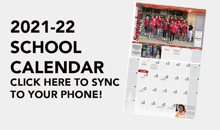 graphic of the September spread of the 2021-22 printed district calendar with the text - 2021-22 school calendar - click here to sync to your phone