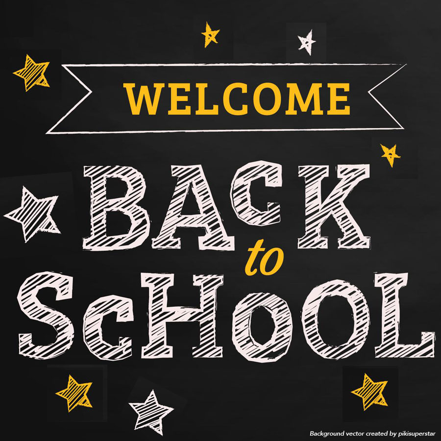 white chalk letters on a black background that read welcome back to school, with stars drawn around it