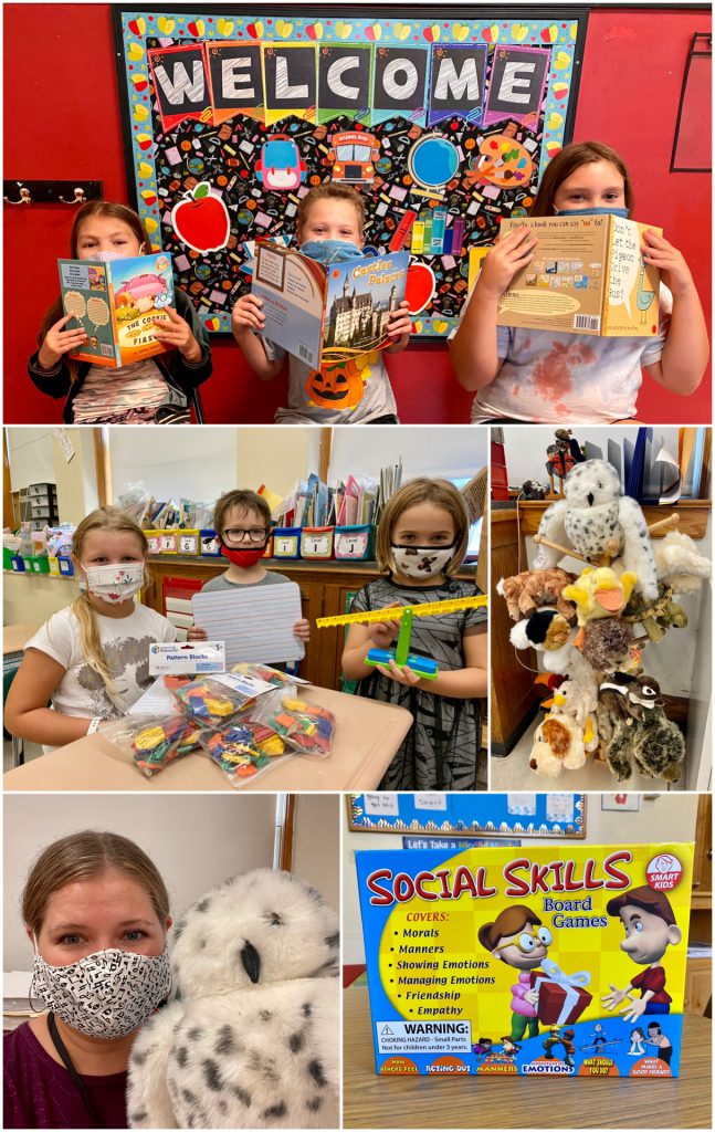 composite of students with books, puppets, board games purchased with donation