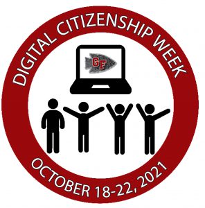 logo for GFSD Digital Citizenship Week with stick figures cheering and holding up a chromebook with the GF arrowhead logo on it