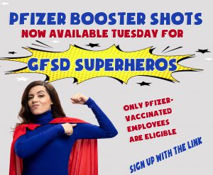 graphic of superhero staff member and text about Pfizer booster vaccine available