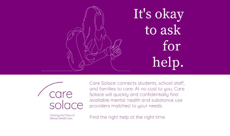 Care solace graphic of a person looking at their phone and the text- it's okay to ask for help
