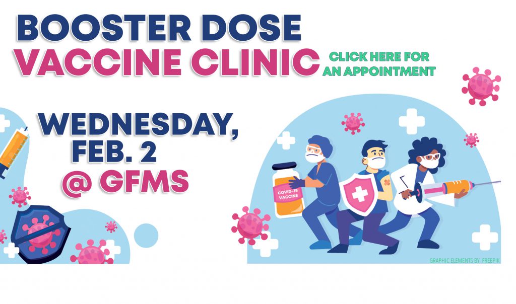 cartoon graphic showing medical professionals battling large virus particles and text: Booster dose clinic 2/2 at GFMS