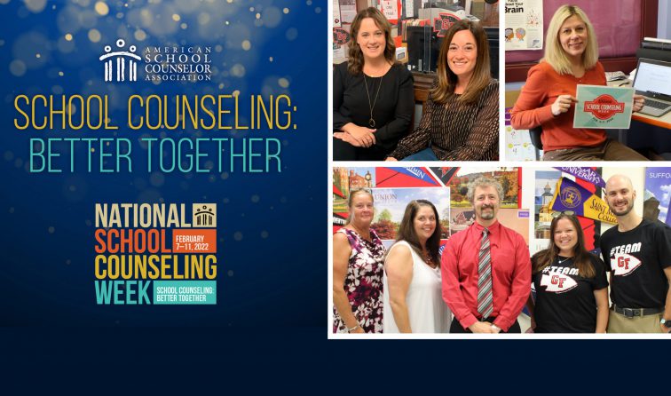 composite graphic of school counselors smiling and national school counseling week logo