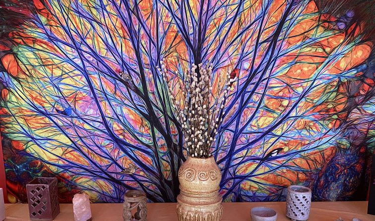 beautiful artwork of tree branches in vivid purple, orange, yellow colors