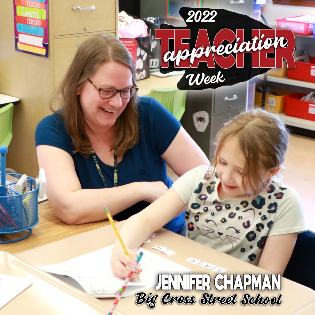 teacher and student working togehter in classoom, smiling with teacher appreciation week 2022 logo