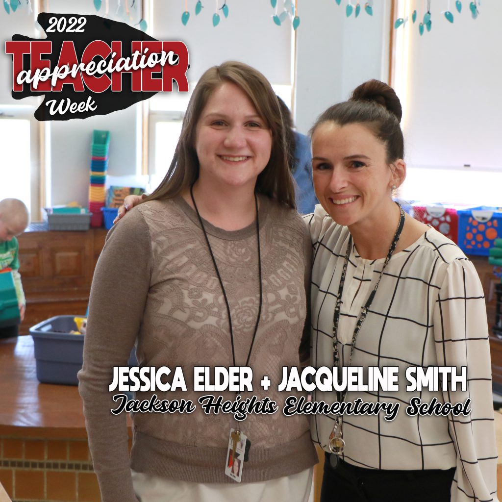 two teachers in classroom smiling with teacher appreciation graphics