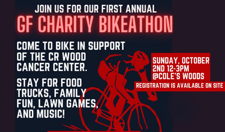 graphic promoting first annual GF Charity Bikeathon in Coles Woods on Sunday, Oct. 2nd 12-3pm