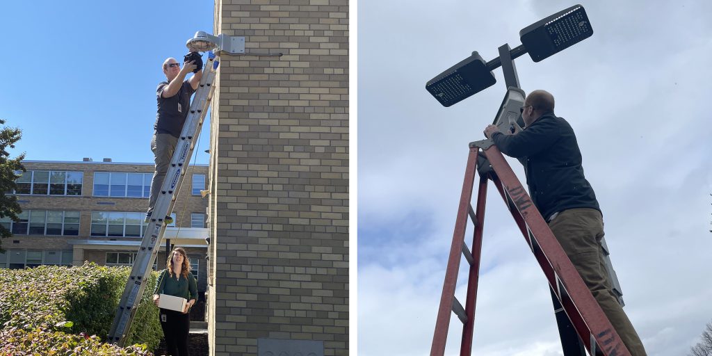 composite photo of person on a ladder, fixing security cameras