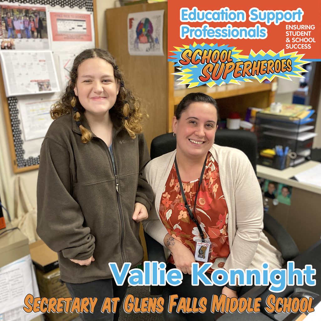 secretary and student smiling in the main office with text: Education Support Professionals School Superheroes Vallie Konnight