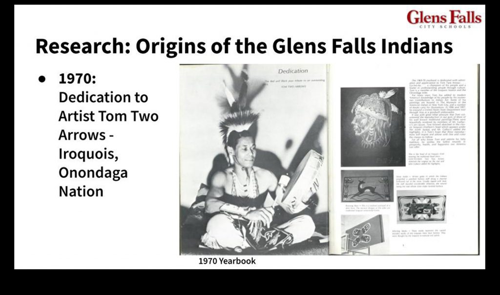 screen shot of one of the slides presented at the Board of Education meeting Dec. 12, 2022- showing pages of the 1970 yearbook highlighting "Tom Two Arrows" of hte Iroquois, Onondaga Nation