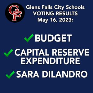 graphic with the interlocking GF logo and the text: GFSD Voting results May 16, 2023: budget, capital reserve expenditure both passed; Sara DiLandro elected to board of Education