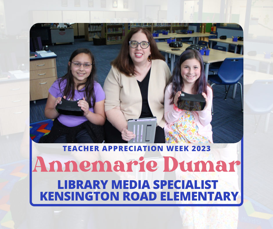 teacher smiling with students holding virtual reality goggles and text Teacher Appreciation Week 2023
