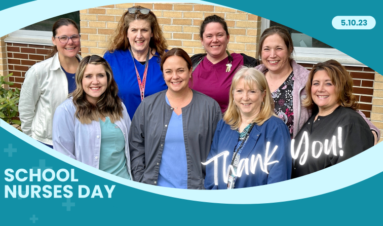 photo of all the school nurses together smiling, with a blue swoop graphic and the words School Nurses Day thank you!