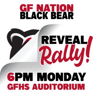 A piece of white paper curled back in the corner to show just the ear of the new Black Bear mascot with text: GF Nation Black Bear reveal rally, Monday, June 12, 6 p.m. High School auditorium