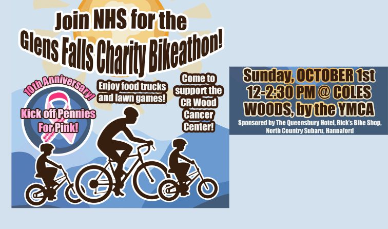 Graphic with bicyclists and text: Join us for the GF Charity Bikeathon Sunday, Oct. 1st at noon at Cole's Woods by the YMCA! Food trucks, lawn games