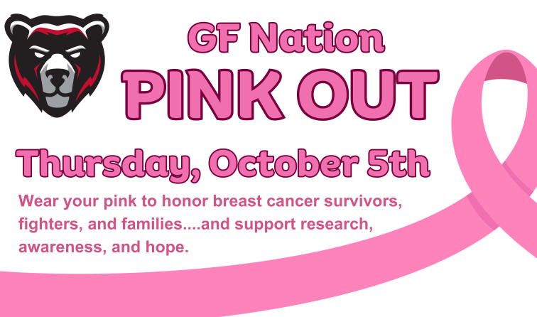 graphic with a pink ribbon advertising the GF Nation Pink Out on Thursday, October 5th