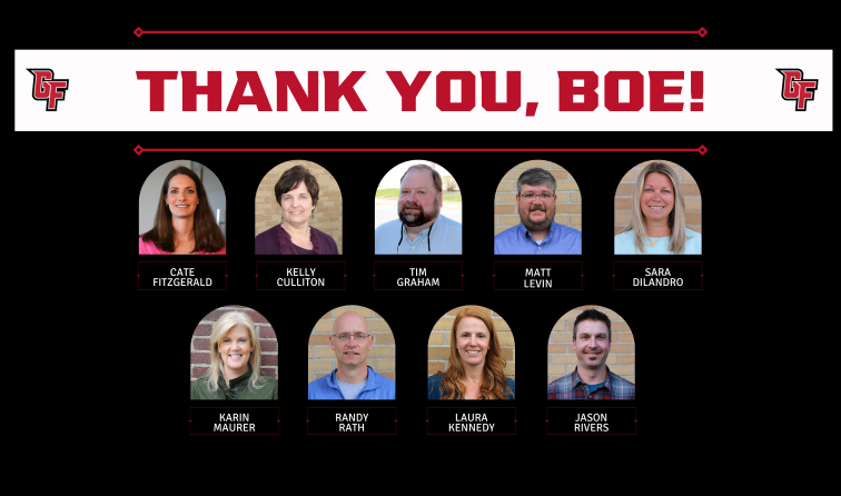 composite graphic with the photos of each board of education member for Glens Falls, along with their names and bug red letters saying Thank you, BOE!