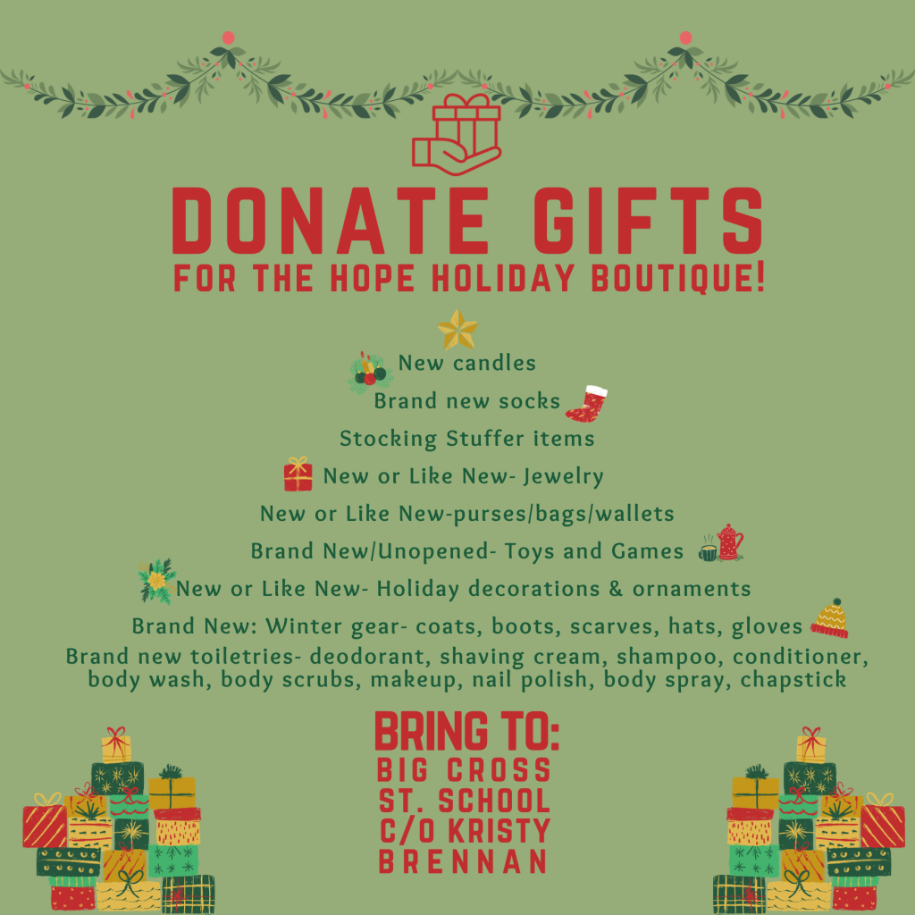 graphic listing items needed for gift donations to hte HOPE Holiday Boutique, including new candles, new toys/games, new holiday decorations, new toiletries, and stocking stuffer items