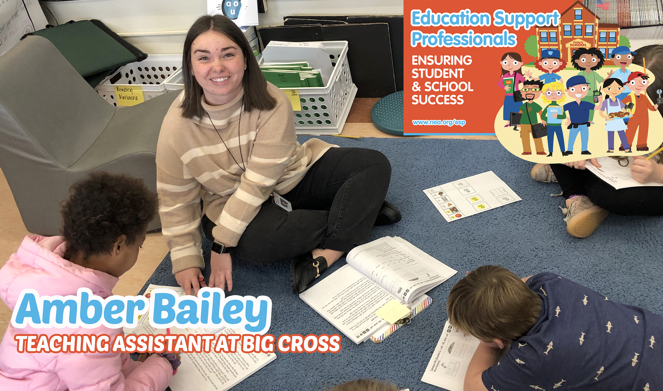 composite graphic of the logo for Education Support Professionals week on top of a picture of a teaching assistant with a student on the classroom rug with a workbook, smiling