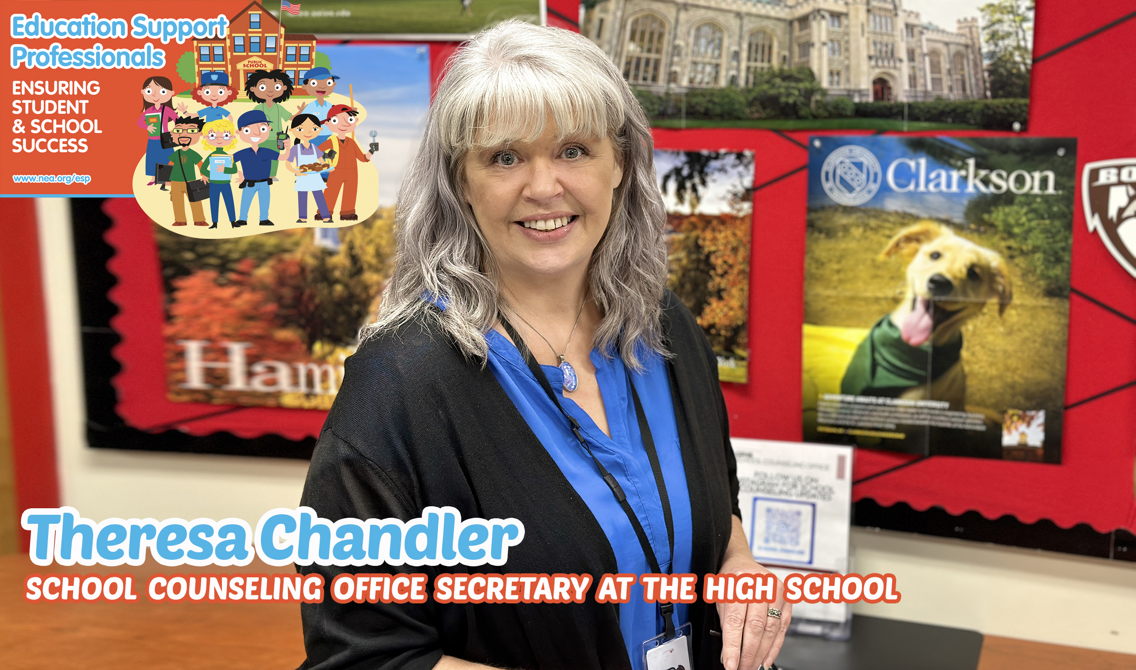 composite graphic of the logo for Education Support Professionals week on top of a picture of a secretary in front of college posters in the guidance office