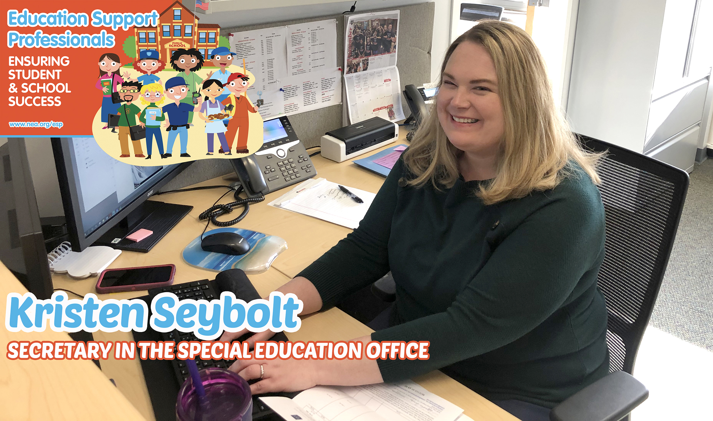 composite graphic of the logo for Education Support Professionals week on top of a picture of a secretary at her desk smiling