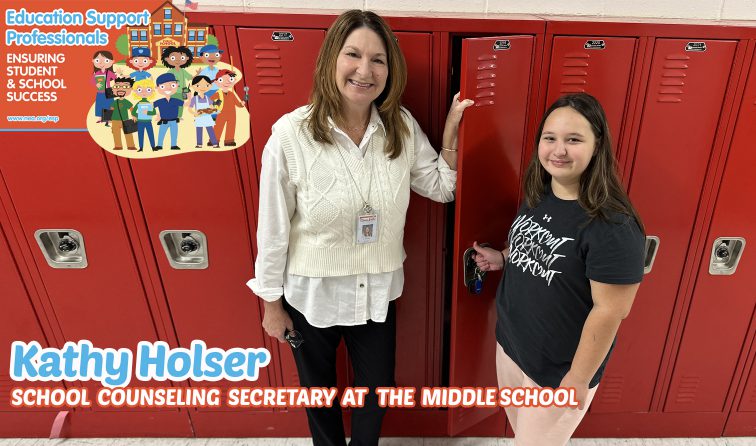 composite graphic of the logo for Education Support Professionals week on top of a picture of a secretary helping a student with her locker, both smiling