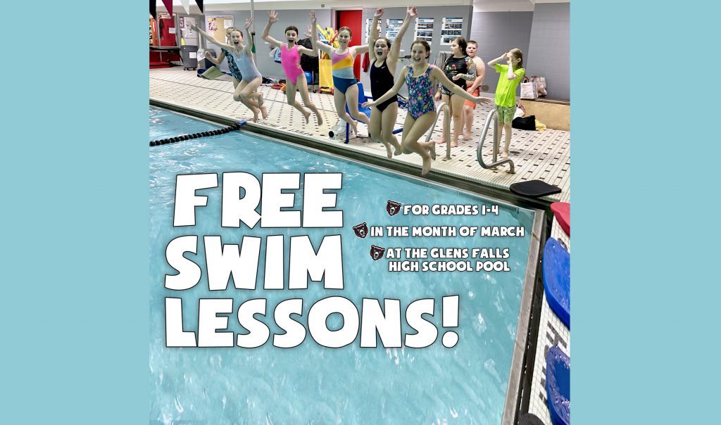 several students jumping into the pool with happy expressions and text: Free Swim Lessons for grades 1-4 in the month of March at GFHS pool