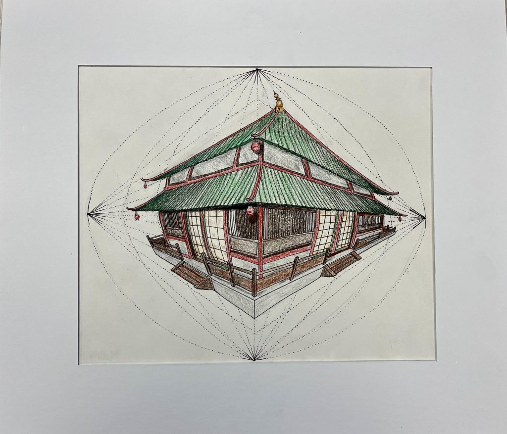 exquisitely detailed drawing of a house with two roof overhangs in a fish-eye perspective by student-artist Mallory H.
