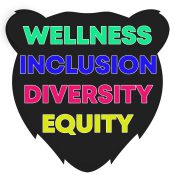Graphic of Black Bear head with the words Wellness, Inclusion, Diversity, Equity in colorful letters