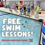 graphic advertising free swim lessons and showing students excitedly jumping into a pool