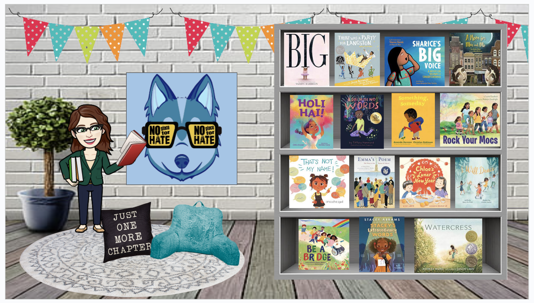 Screen shot of hte virtual library for elementary students featuring No Place for Hate recommended reading at https://docs.google.com/presentation/d/e/2PACX-1vQp2YIS1iUxFs_Je6hYeLYXvxzizWcZY5dLNkuypqCHYpgSGOyxcitpJTiq9j61hq94JIXX_E2b34CD/pub?start=false&loop=true&delayms=60000