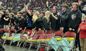 The student section erupts in cheers after a great three-point shot at the state championship basketball game