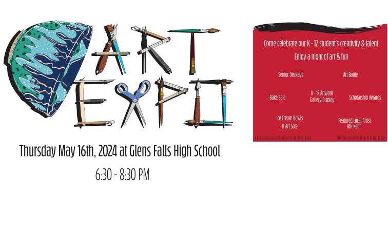 graphic on Art Expo at Glens Falls High School happening Thursday May 16 from 6:30-8:30pm at the high school