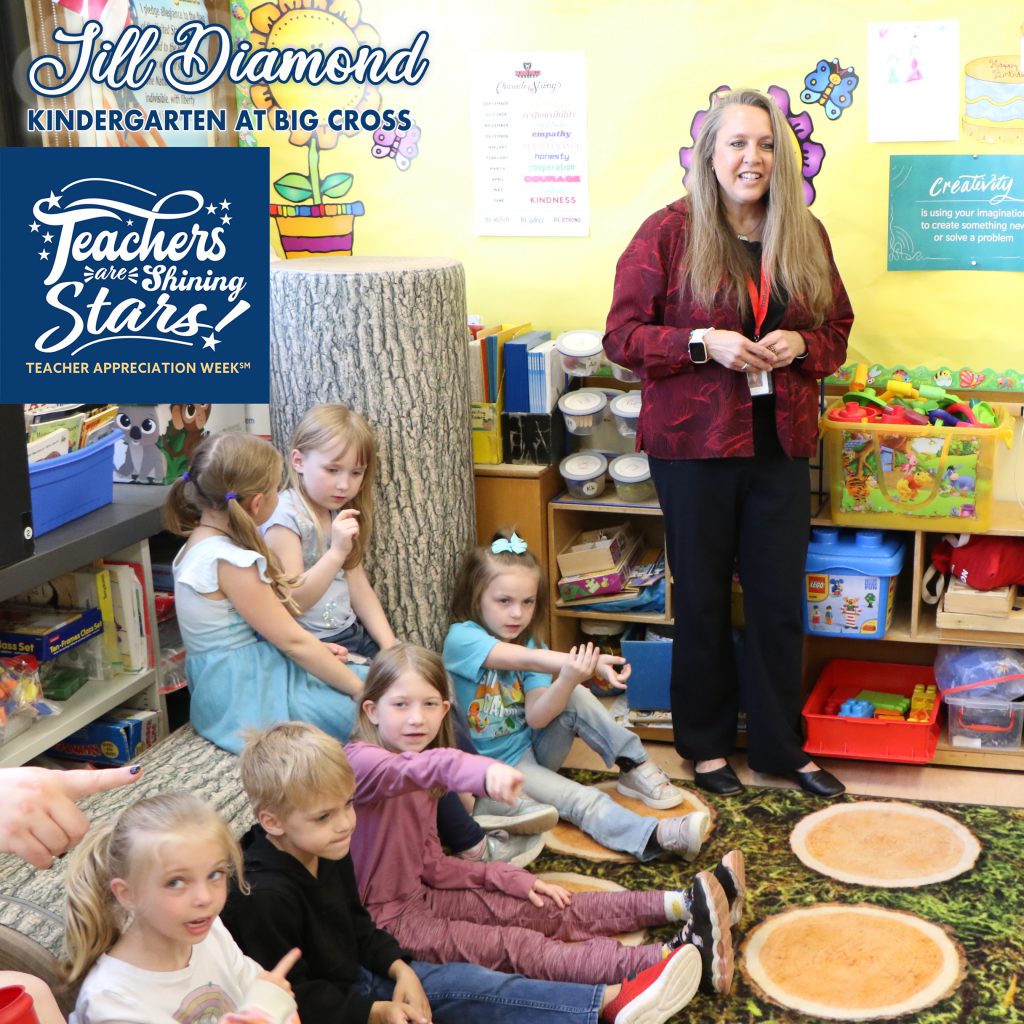 Teacher with students in brightly colored classroom smiling and talking with the "Teachers are Shining Stars" appreciation graphic